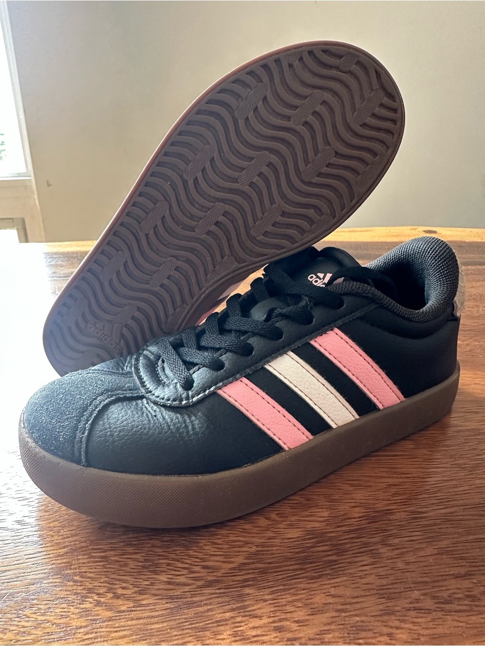 Adidas VL Court 3.0 Kids GS Black Pink White Sz 1Y JH6607 Casual School Tennis